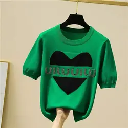 Summer T Shirt for Women Cotton Inlaid Diamond Luxury Designer Korean Fashion Loose Knit Short Sleeved Tops Slim Women Clothes