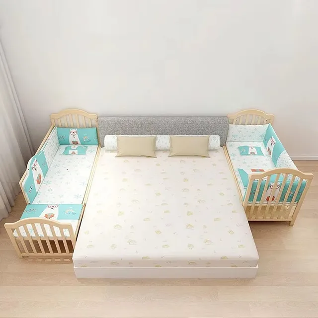 Solid Pine Wood Baby Crib Stitching Big Bed, Multifunctional Kid Cot Can Extend To 168cm Suit For Elder Children 4