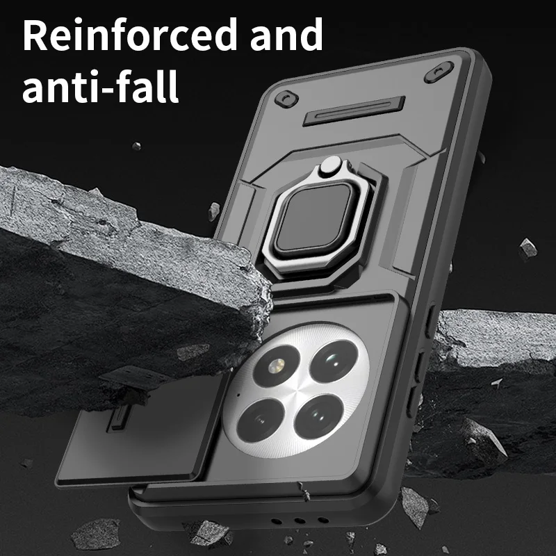 Slide Lens Protect Armor Phone Case with Car Magnetic Ring Holder and Back Cover