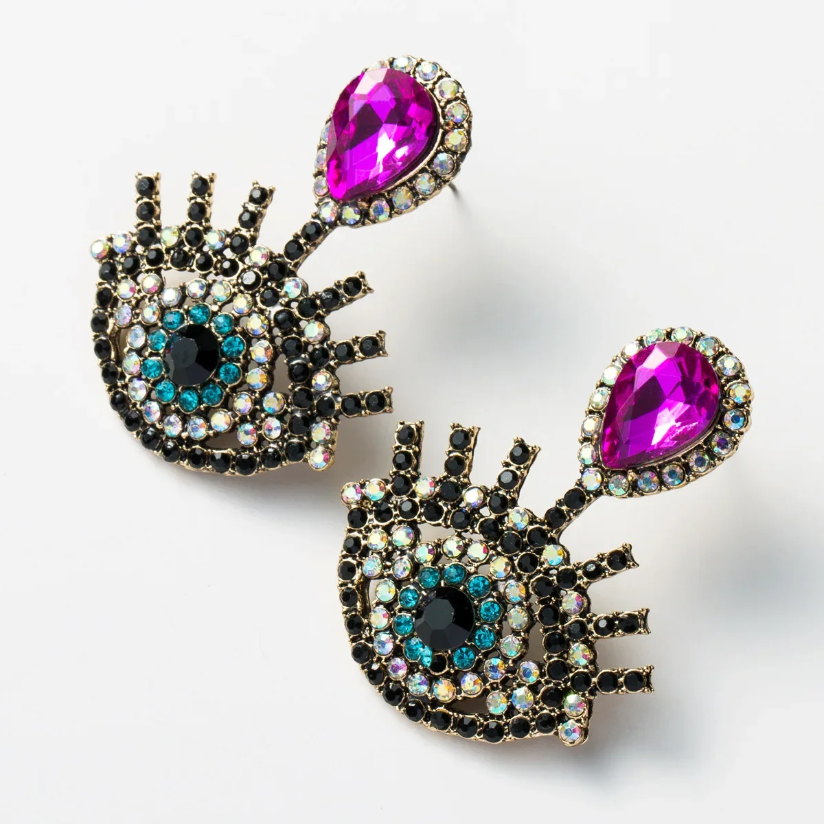 

Vintage Exaggerated Gold Color Blue Eye Shaped Hollow Pendant Colorful Crystal Rhinestone Drop Earrings for Women Girls Jewelry