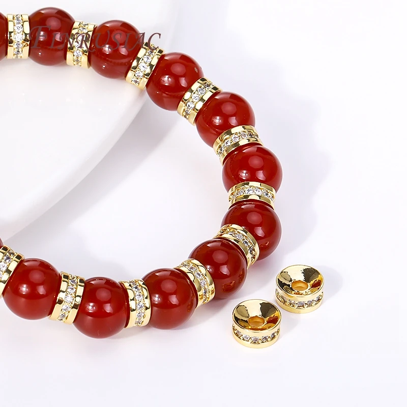 

6X2.9mm 18K Gold Plated Brass Metal Inlay Zircon Round Wheel Shape Spacer Beads For Bracelet,Loose Beads Separators Wholesale
