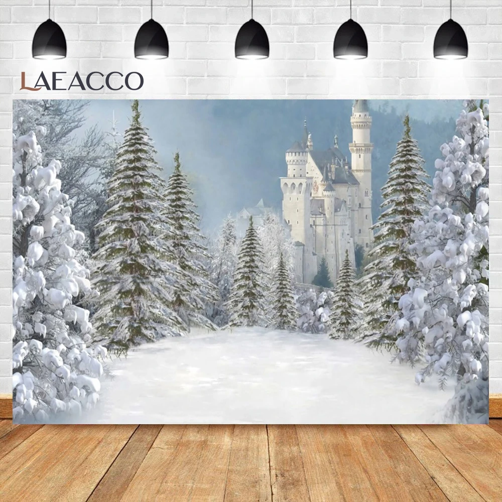 Laeacco Weihnachts-Fotohintergrund – 3,4 X 2,4 M | Mit Weihnachtsbäumen, Geschenken, Schneemann, Winterwald-Design