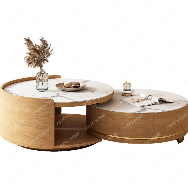 

Stone Plate Coffee Table Living Room Small Apartment Luxury Modern Simple High and Low round Retractable Tea Table Combination