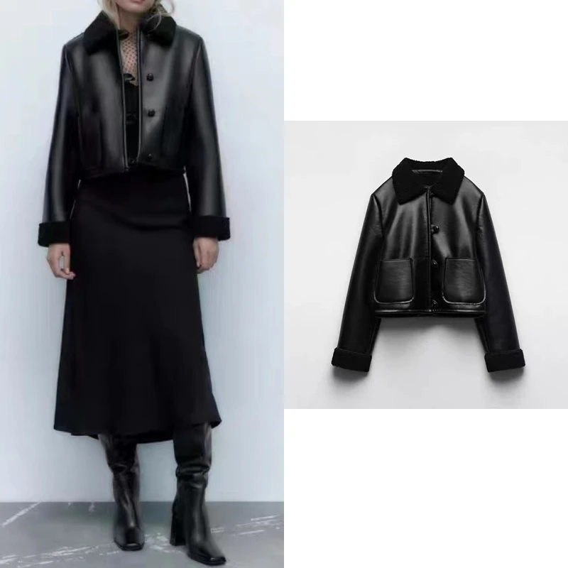

2023 New Women Pure Black Double Sided Jacket Coat Winter Fashion High Street Loose Versatile Warm Long Sleeve Tops