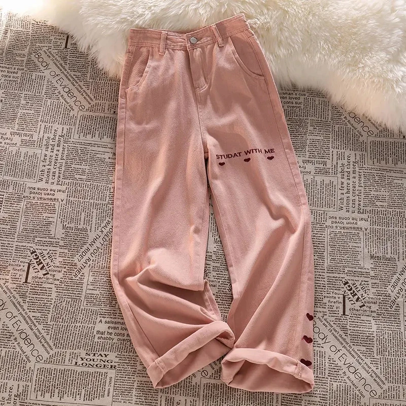 

Love Embroidery Women Jeans Korean Casual Streetwear Loose Wide Leg Pants Y2K Fashion Female High Waist Straight Denim Trousers