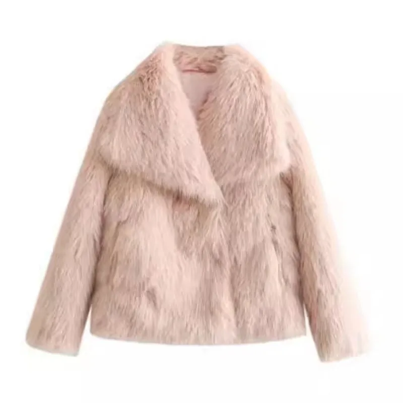 Women Fashion Cropped Faux Fur Jacket Coat Long Sleeve Front Snap Button Female Outerwear Chic Lapel Collar Thick Coat