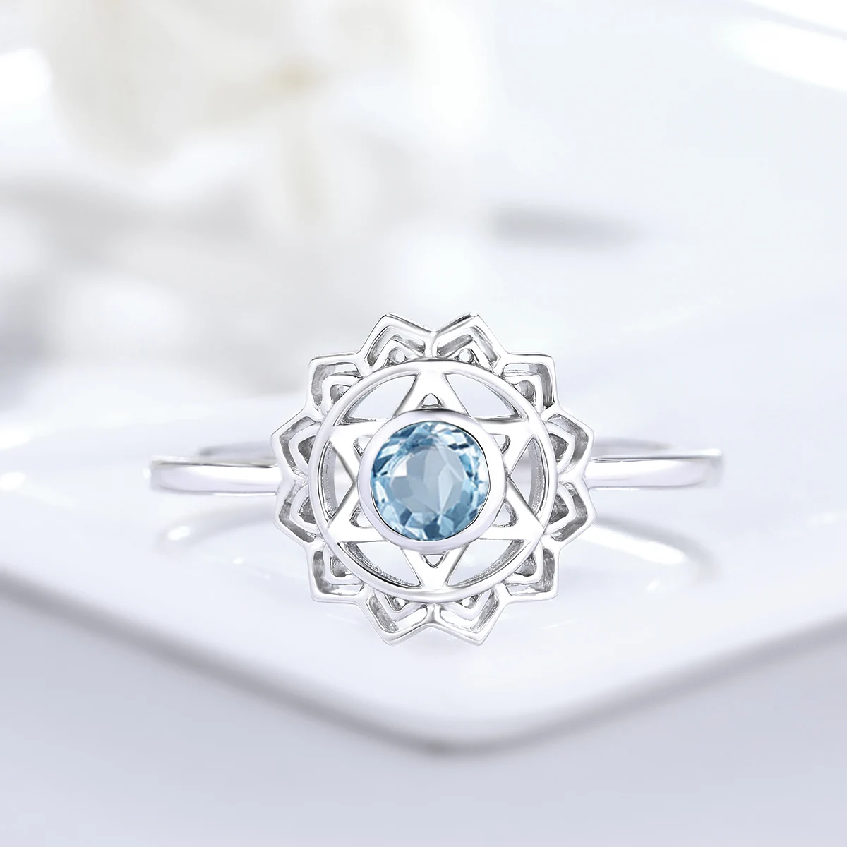 

Top Quality Aquamarine Ring Sun Flower 100% 925 Sterling Silver Rings for Women Trendy Anniversary Dating Gift Fine Jewelry Lady