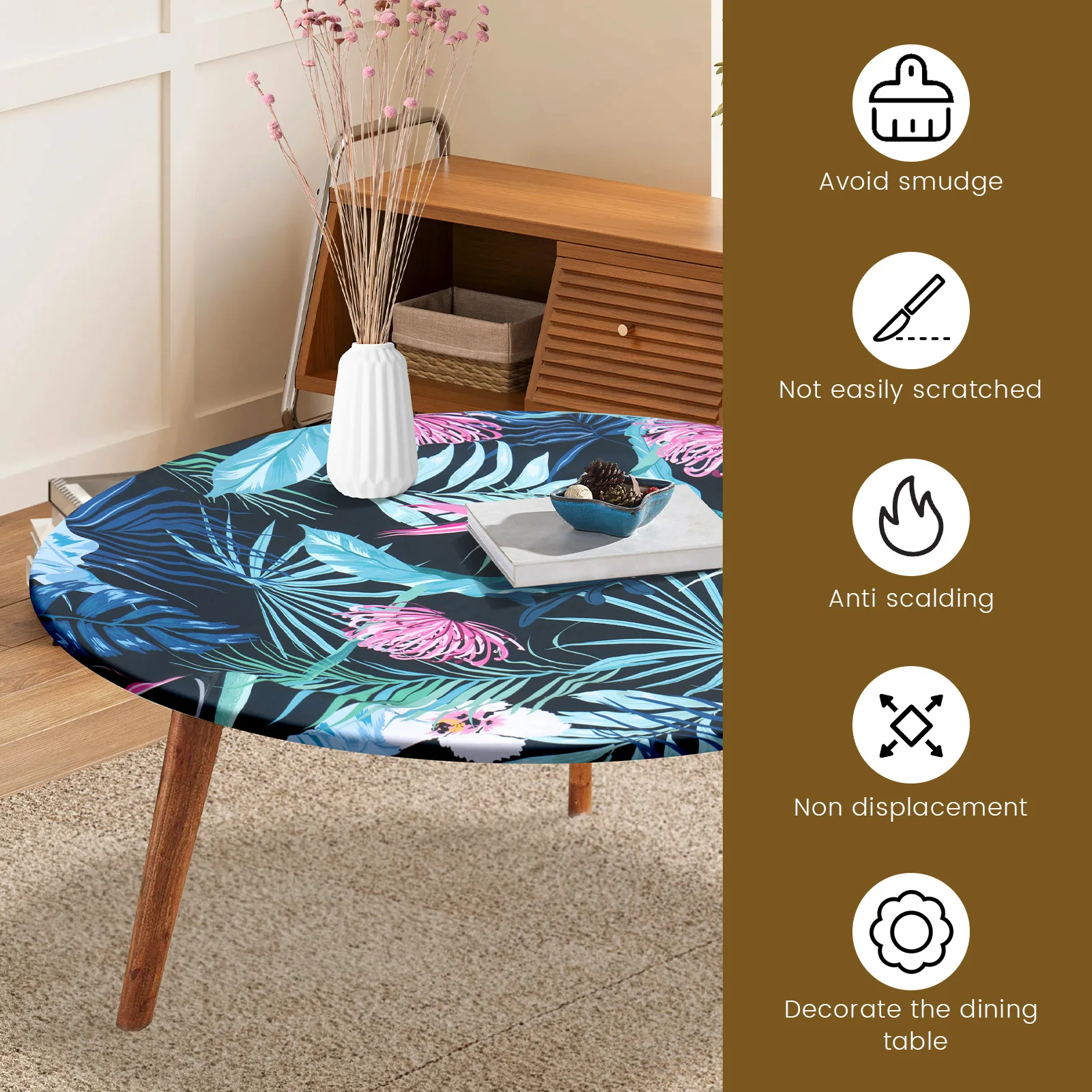 Elastic Round Table Cloth Polyester Waterproof Dining Table Cloth Oil-Proof Kitchen Circle Table Cover for Decor Diameter 100cm