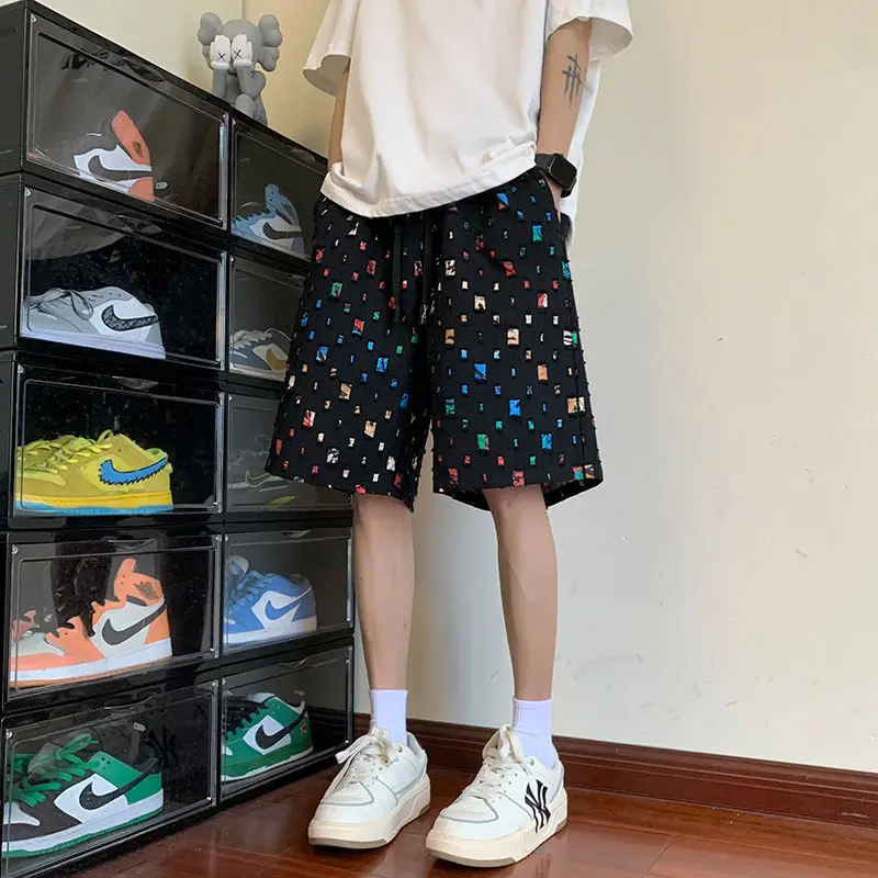 Trendy Summer American Style Men's Hole Plaid Patchwork Elastic Wait Drawstring Shorts Fashion Loose Sports Casual Knee Length