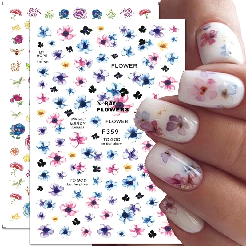 

3D Flowers Leaves Nail Stickers Blooming Floral Nail Decals Self-Adhesive Slider Nail Art Decorations Design Tool Accessories