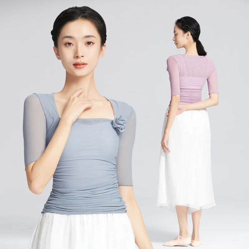 

Woman Ballet Tops Square Neck Mesh Nylon Medium Sleeves Dance Top 3D Floral T-Shirt Dance Coats
