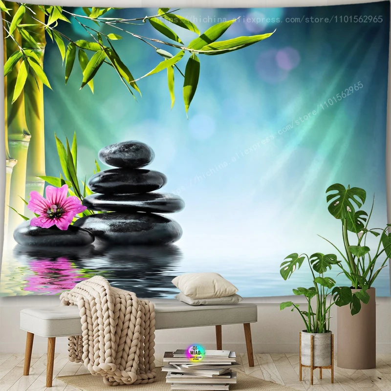 Zen-Raum-Innenraum, dekorativer Bambus, fließender grüner Bambus, Buddha, Meditation, Spa-Wandteppich, grüne Wanddekoration, grüne Heimdekoration – Detail 5