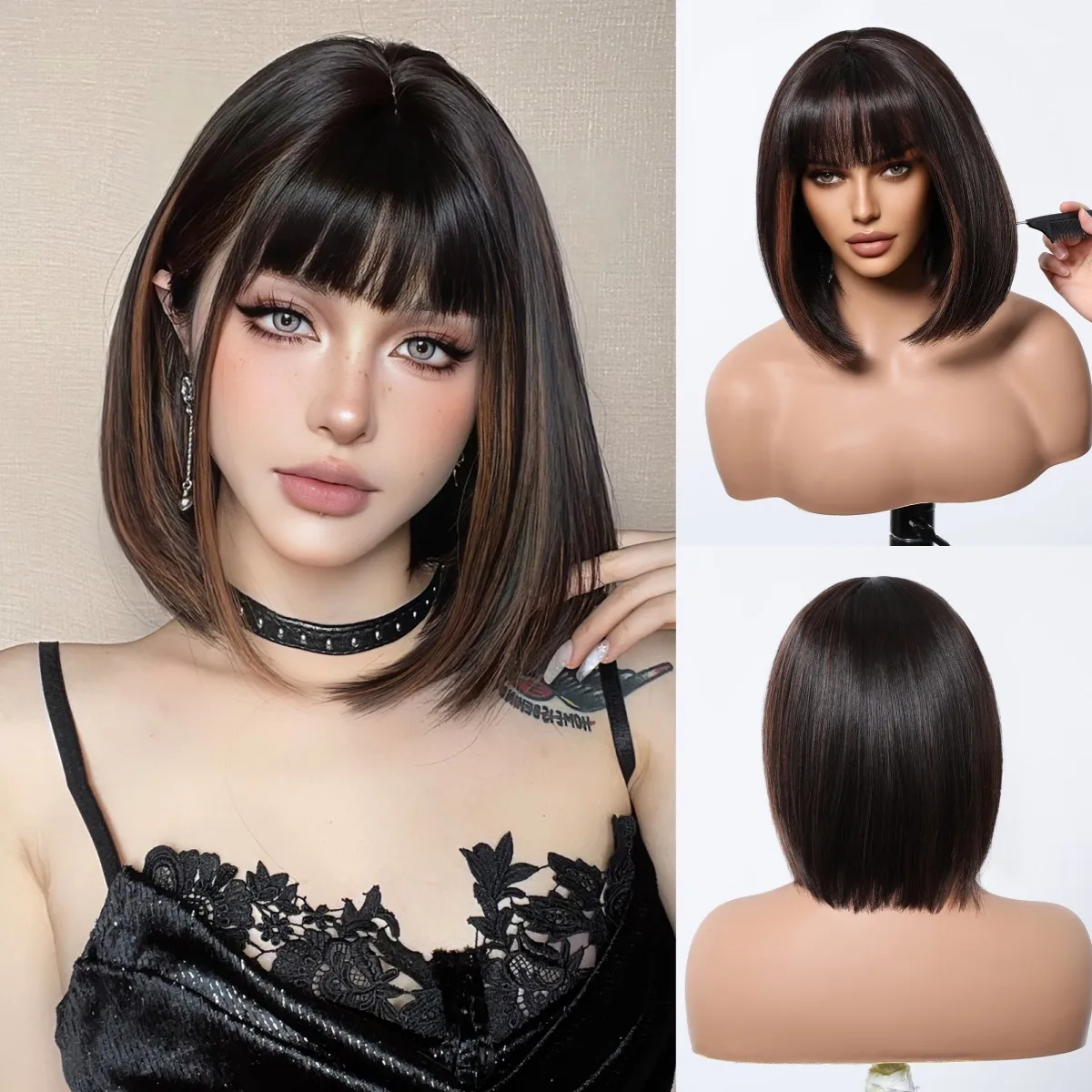 NWT 10” rich dark brown dinky wig straight spiky bangs side fall bob style Dark Brown Highlight Synthetic Bob Wig with Bangs Short  main image 4