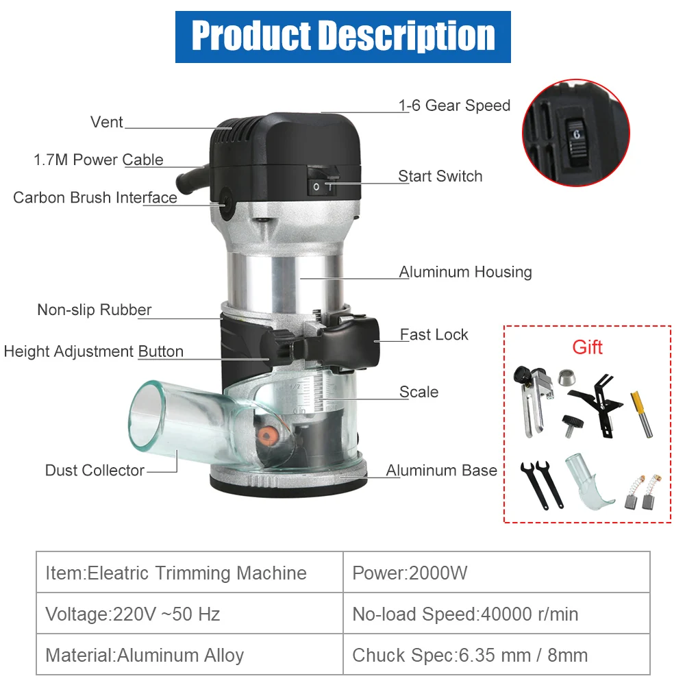 6-speed Adjustable Speed Woodworking Edge Trimming Machines 6.35/8mm Electric Woodworking Router EU Plug DIY Carpenter Tools wood router plunge router