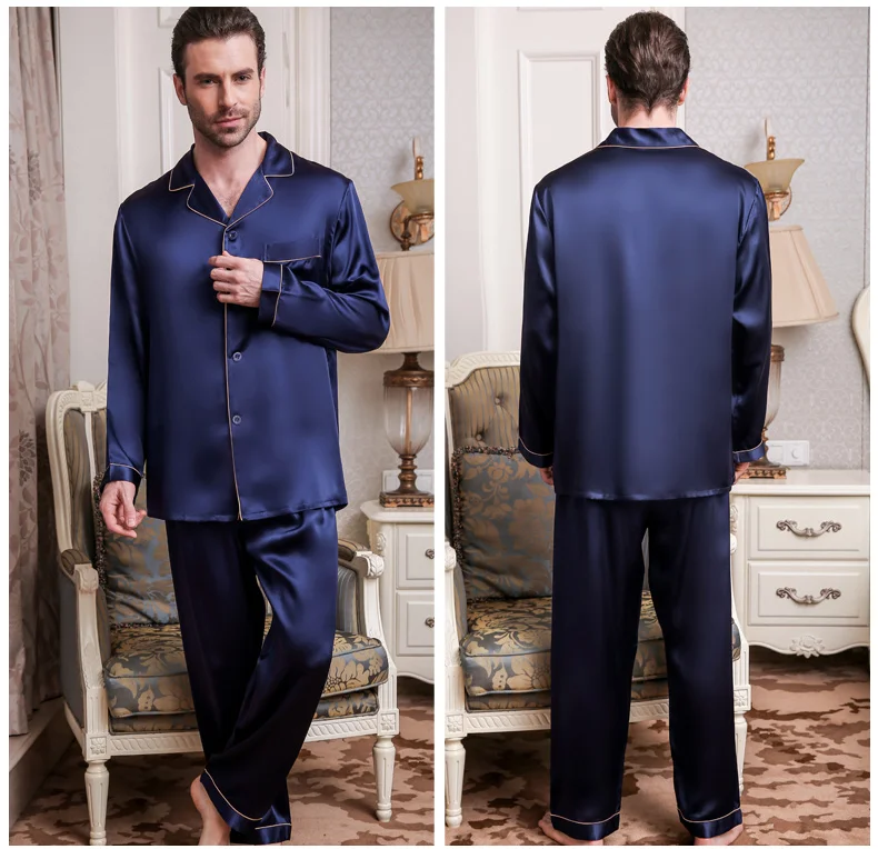 Genuine Silk Pajamas Male Spring Summer Long-Sleeve Pants Two-Piece Pyjama Sets 100% Silkworm Silk Men's Sleepwear mens pyjama tops