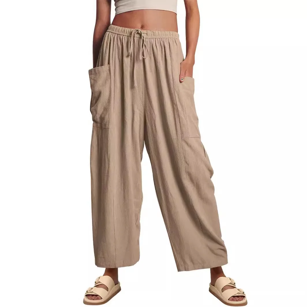 2024 Women's Elastic Waist Fold High Waist Wide Leg Pants Loose Casual Cotton Hemp Pants