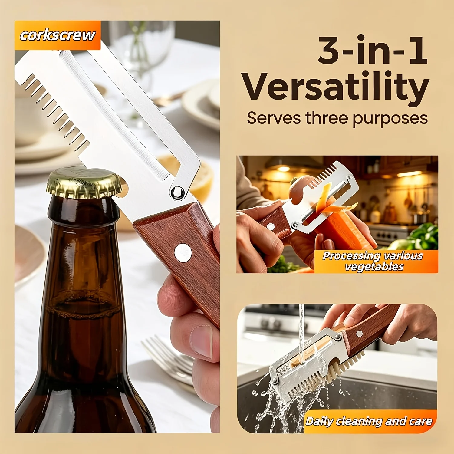 Multifunctional 3-in-1 Stainless Steel Peeler Vegetable Fruit Slicer Shredder with Bottle Opener Kitchen Tool for Peeling 3