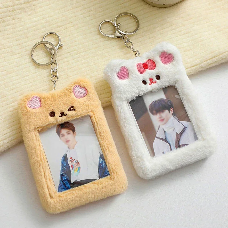 Korea Cute Bear Rabbit Plush Photocard Holder Cute Kpop Idol Photo Album Sleeve Case ID Card Cover With Keychain Bag Pendant