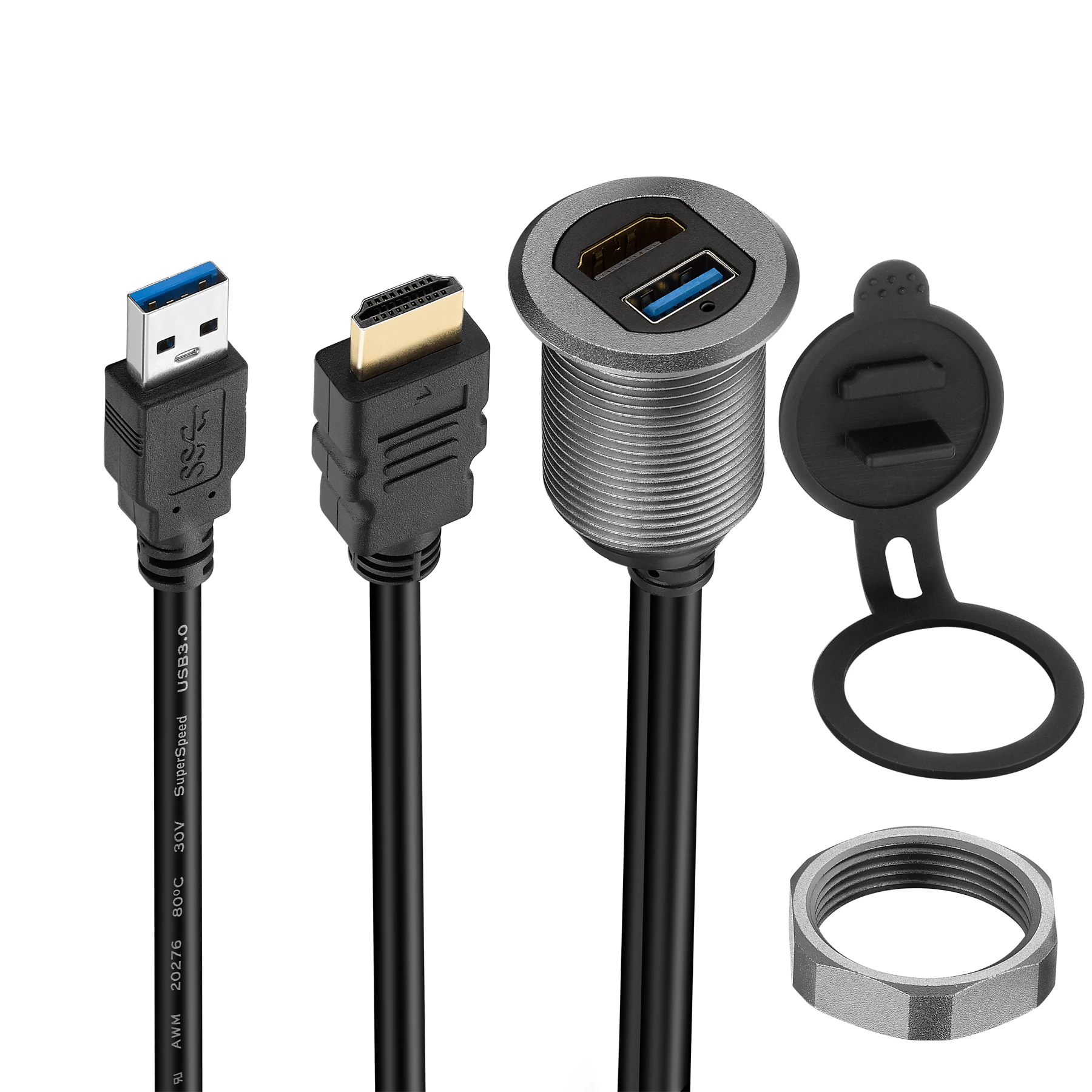 Bochara 차량용 알루미늄 합금 대시보드 케이블, USB 3.0 + HDMI 호환, 수-암 플러시 마운트 패널, 4K @ 60Hz 익스텐션, 1m
