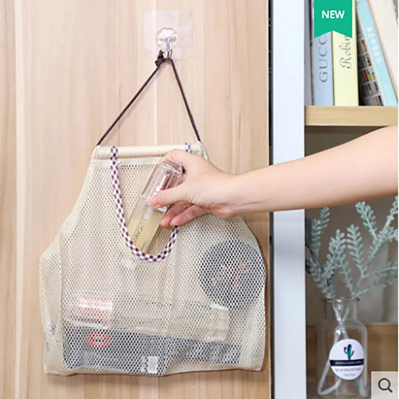 Description Picture 3 of item1pc Household Hanging Beige Onion and Garlic Storage Bag, Fruit Wall Mesh Bag, Kitchen Vegetable Storage Mesh Bag