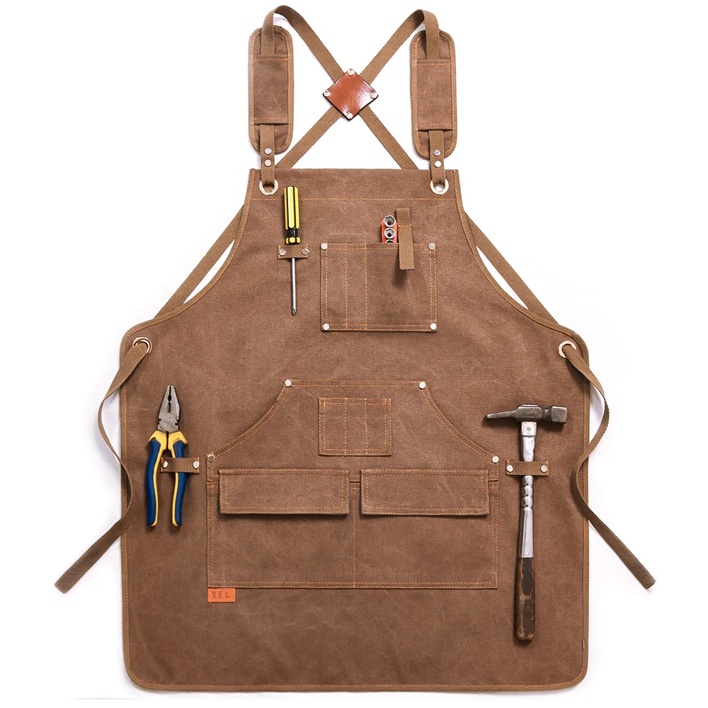 

Unisex For Woodworking Painting Craft Cafe Heavy Duty Durable Canvas Apron with Tool Pockets Adjustable Cross-Back Straps