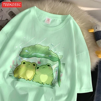 Fashion Cotton Womens T-Shirts Two Frogs Sheltering From The Rain Printing Short Sleeve Soft Loose O-Neck Street Female Clothes 1