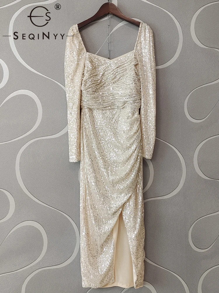 

SEQINYY Elegant Midi Dress Summer Spring New Fashion Design Women Runway High Street Slim Sheath Split Sequined Party