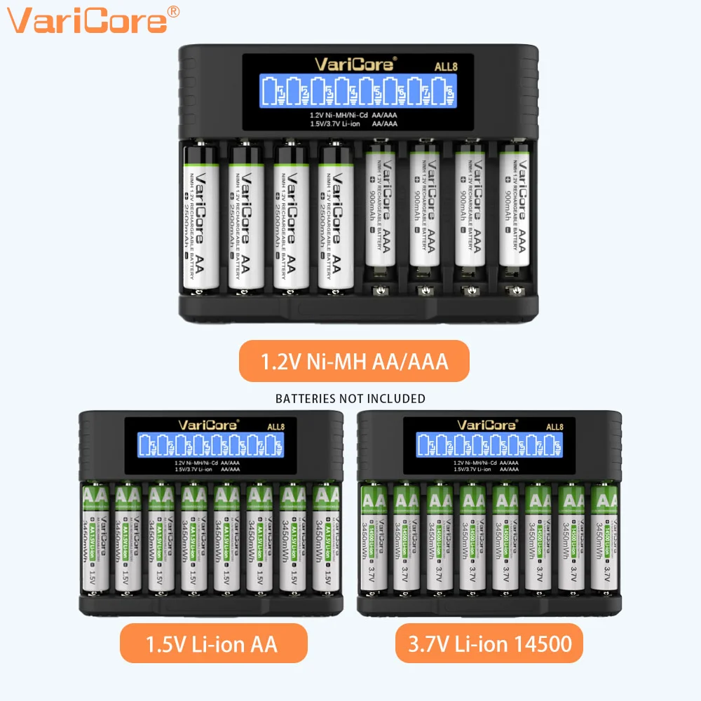 Battery Charger VariCore AA/AAA 4 8-slot LCD ALL4 8 Suitable for 1.2V Ni-MH 1.5V/3.7V Li-ion Batteries