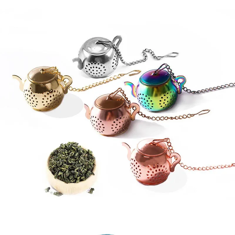 Description Picture 3 of itemMetal Tea Strainer Teapot Shape Loose Tea Stainless Steel Infuser Leaf Tea Maker Strainer Chain Drip Tray Herbal Spice Filter