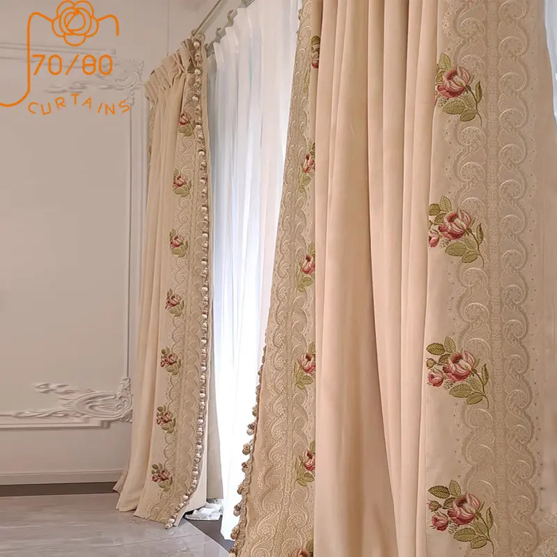 

French Palace Rococo Princess Pink Flannelette Embroidery Rose Mosaic Blackout Curtains for Living Room Bedroom Villa Custom