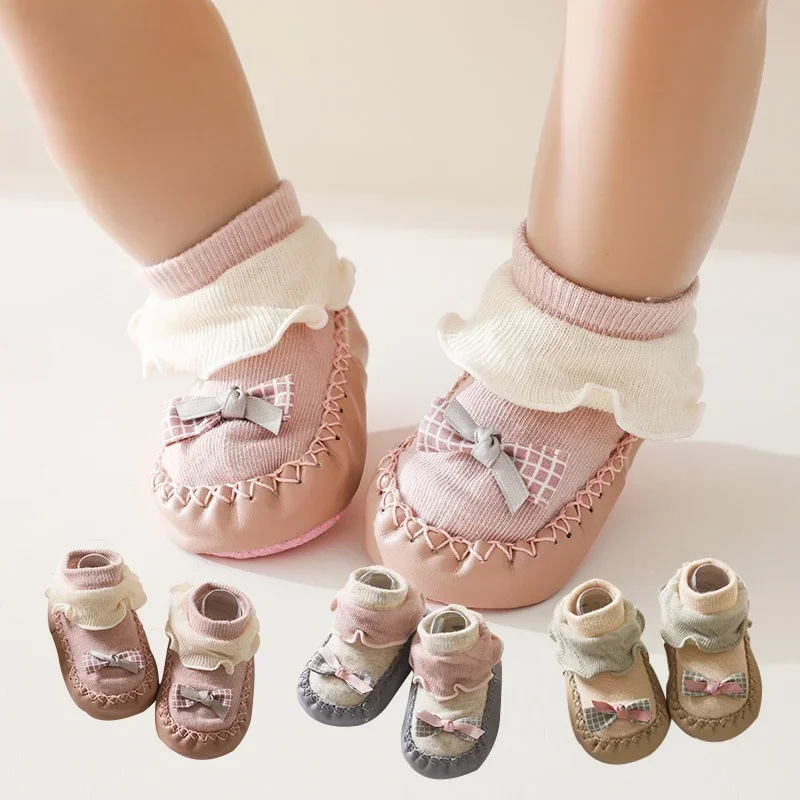 0-30Months Baby Socks Shoes Ruffled Edge Bow Baby Girls Spring Autumn Indoor Anti Slip Soft Sole Princess Flooring Sock Shoes 4