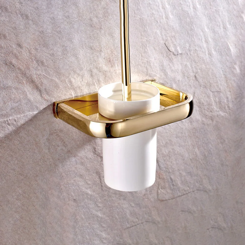 Luxury Polished Gold Color Brass Wall Mounted Toilet Brush & Holder Set White Brush Ceramic Cup Bathroom Accessory aba845