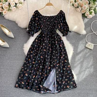 2026 Fashion New Summer Flower Print Long Dress Women Vintage Square Neck Ruched Chest Split  Sundress Party Vestidos - Image 2