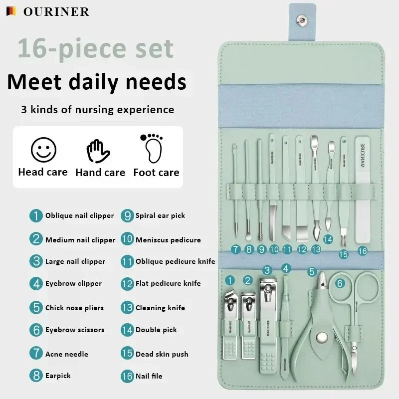 Nail Cutter Set 16pcs/set Stainless Steel Nail Clippers Set Folding Bag Manicure Cutter Kits Scissors Makeup Beauty Tool