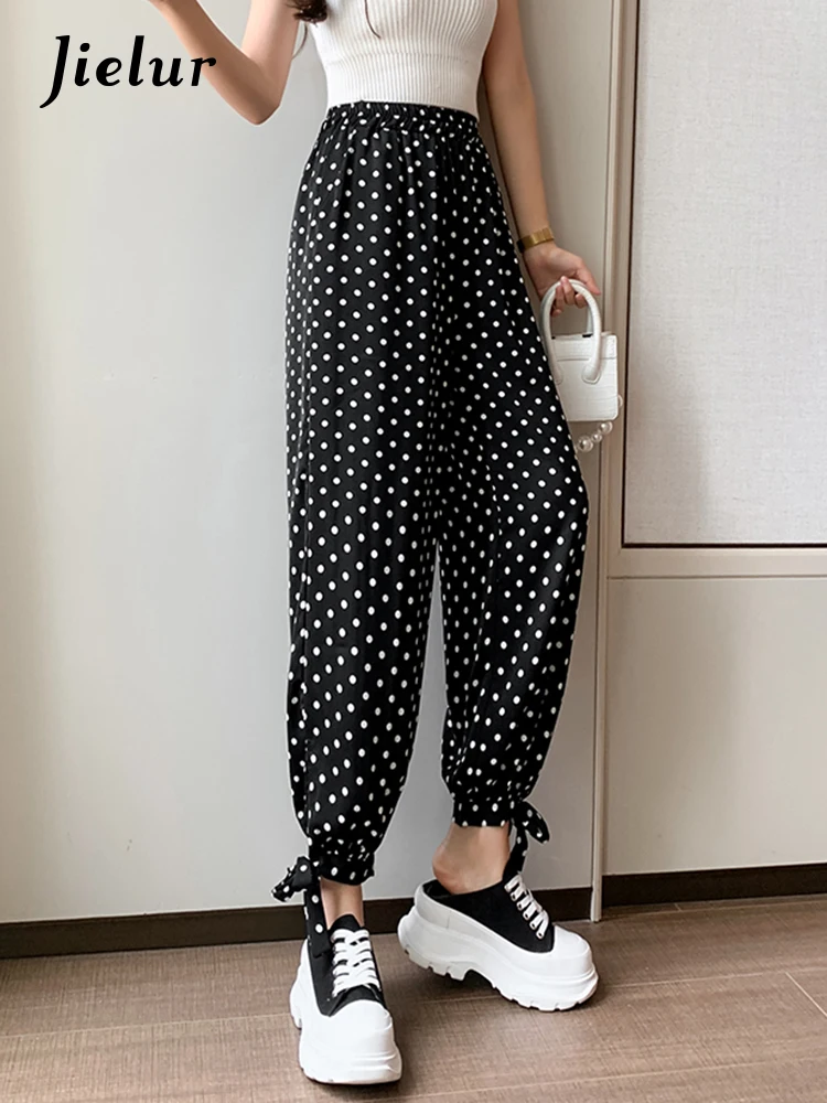 

Ice Silk Pants for Women Summer Chiffon Anti-mosquito Black Trousers Female Loose Polka Dot Printed Pant Womens S-XL