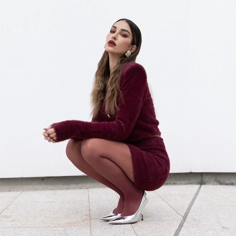 Plüsch frauen Pullover Rock Sets Rundhals Einreiher Weiche Elastische Weibliche Top Hohe Taille Wrap Hüfte Kurze Röcke Für damen – Detail 7