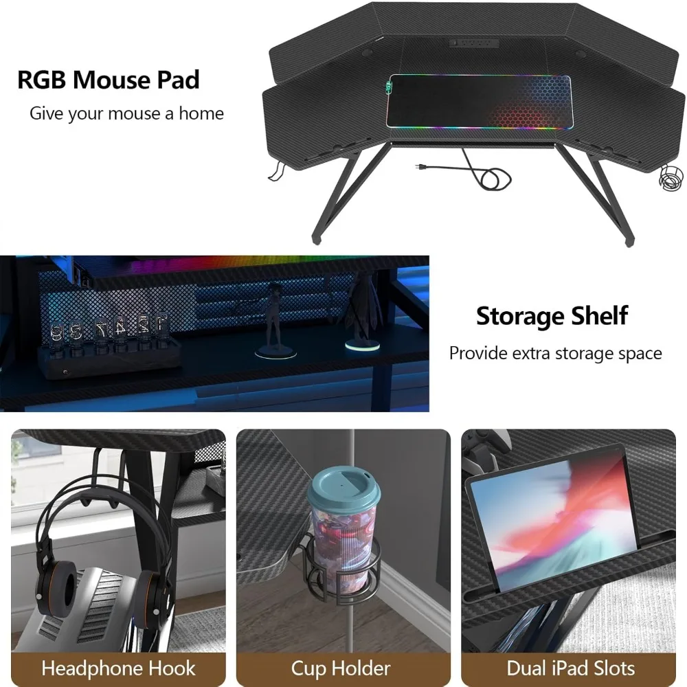 72" Gaming Desk with Power Outlet & Led Strip, Large Wing-Shaped Computer Desk W Monitor Stand 4