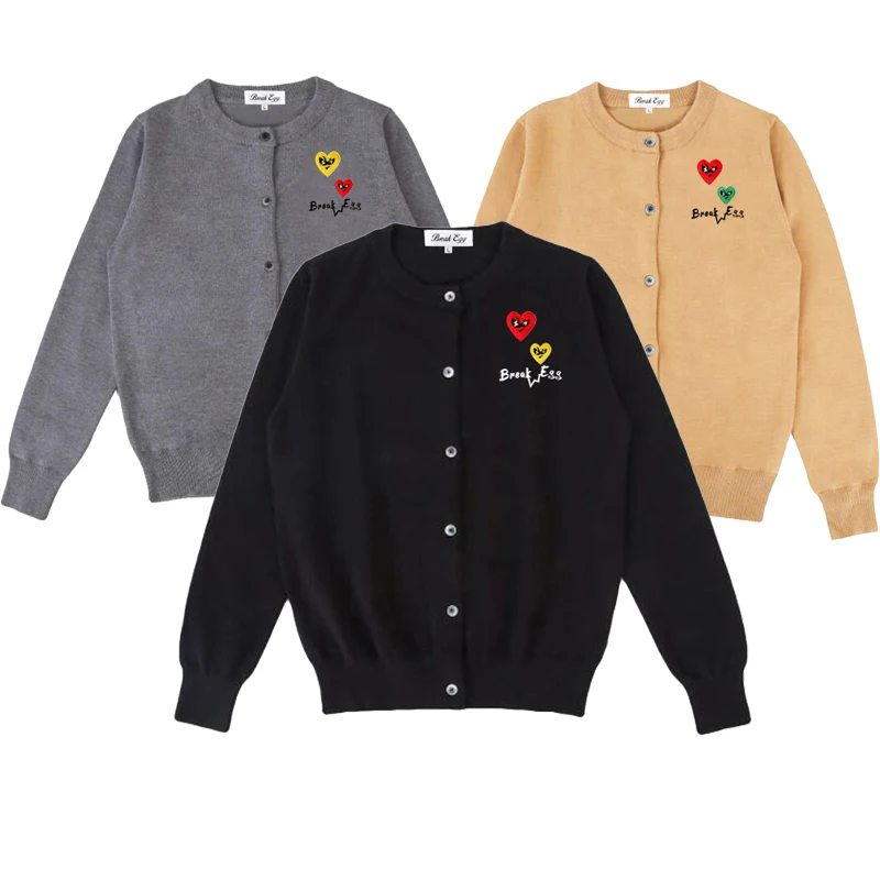 

Break Egg Women Cardigan Double Color Big Small Heart Glasses Embroidery Letter Print O-Neck Cotton Single Breasted Fit Sweater