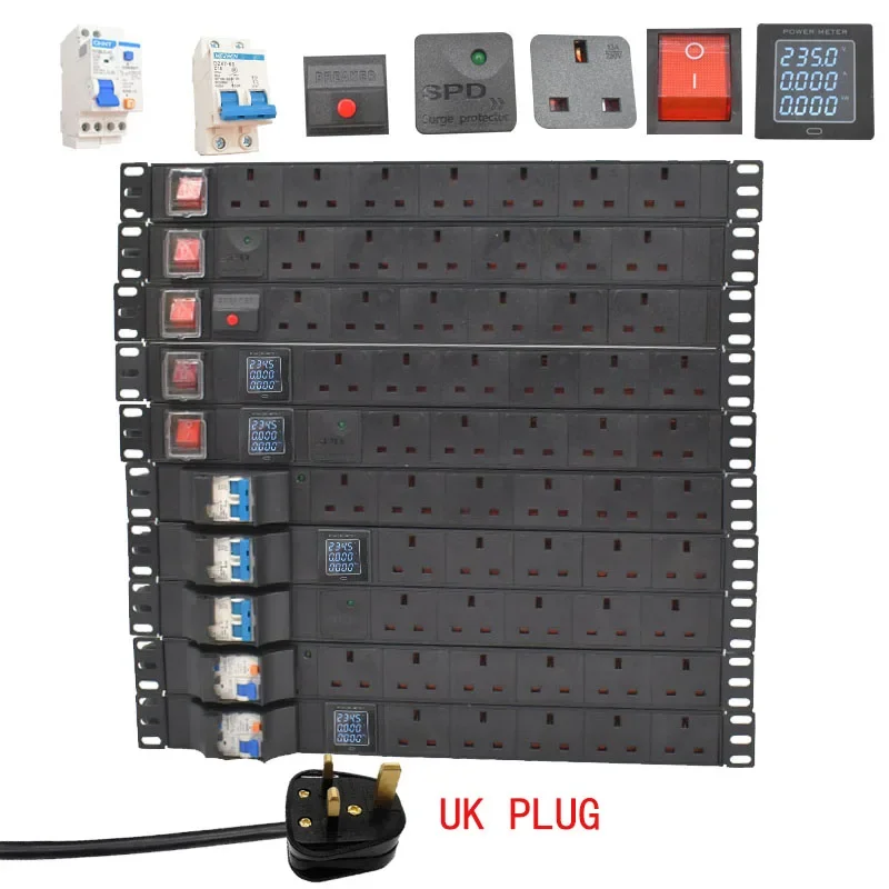 

19" 2MRack Mount INCH PDU Power Distribution Unit 5/6/7ways Rackmount for cabinet UK 3PIN plug ammeter Short circuit switch