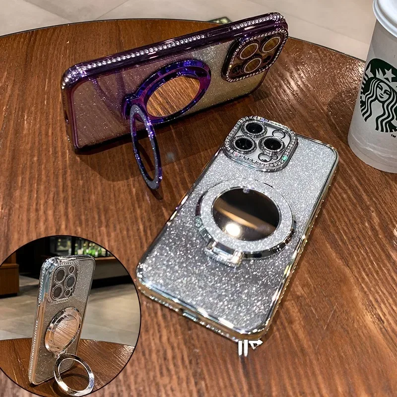 Luxury Diamond Clear Glitter Phone Case with Mirror Magnetic Holder and Stand
