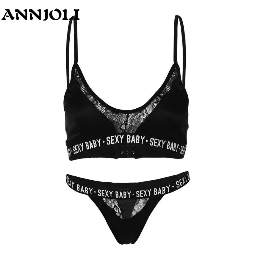 ANNJOLI Sexy Women's Underwear Bra Set Bralette Women Bra Letter Print Lace Patchwork Women's Underwear Sets and Panty Set