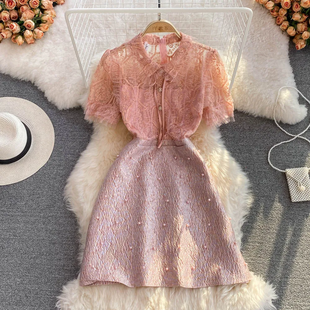 

2022 Summer Women's Pink Short Dress High Quality Embroidery Mesh Patchwork Jacquard Mini Beading Bow Collar Mini Vestidos