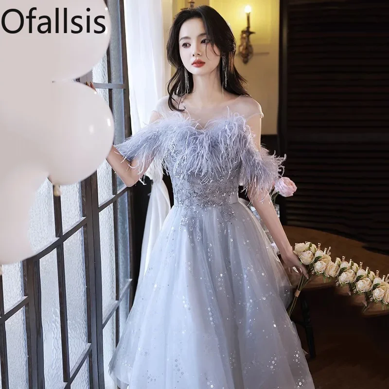 

Ofallsis Feather O neck Banquet Evening Dress 2023 New Gentle Fairy Blue One Shoulder Annual Meeting Host Vocal Art Exam Dresses