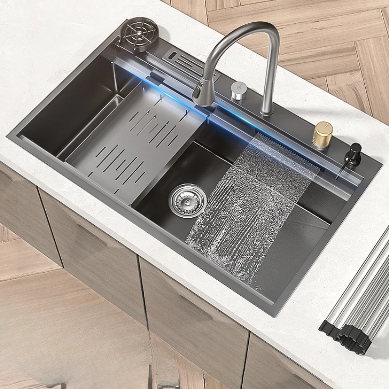 

Feiyu Waterfall Sink Large Single Sink Nano 304 Stainless Steel Kitchen Household Vegetable Washing Basin Under Platform