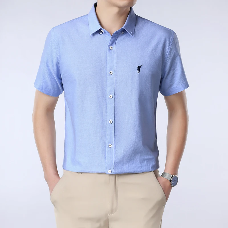 Solid Color Cotton Embroidered Small Horse Logo Shirt, Men's Short Sleeved Casual Versatile High-end Spring and Autumn Shirt