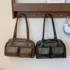 Vintage Shoulder Bag for Women PU Leather Tote Purse Luxury Handbags Fashion Double Pockets Retro Solid Top Handle Underarm Bags