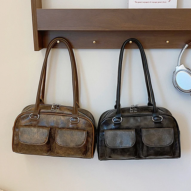 Vintage Shoulder Bag for Women PU Leather Tote Purse Luxury Handbags Fashion Double Pockets Retro Solid Top Handle Underarm Bags