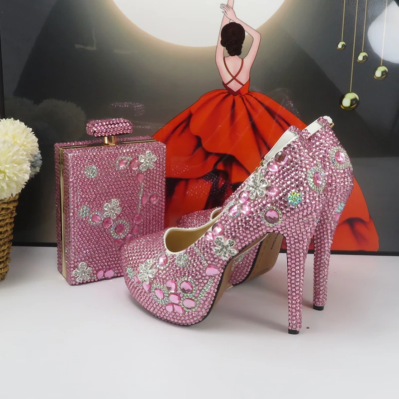 

2023 New arrival Pink Crystal Women wedding shoes with matching bags 14cm Thin Heel High Pumps fashion Bridal shoes and Purse