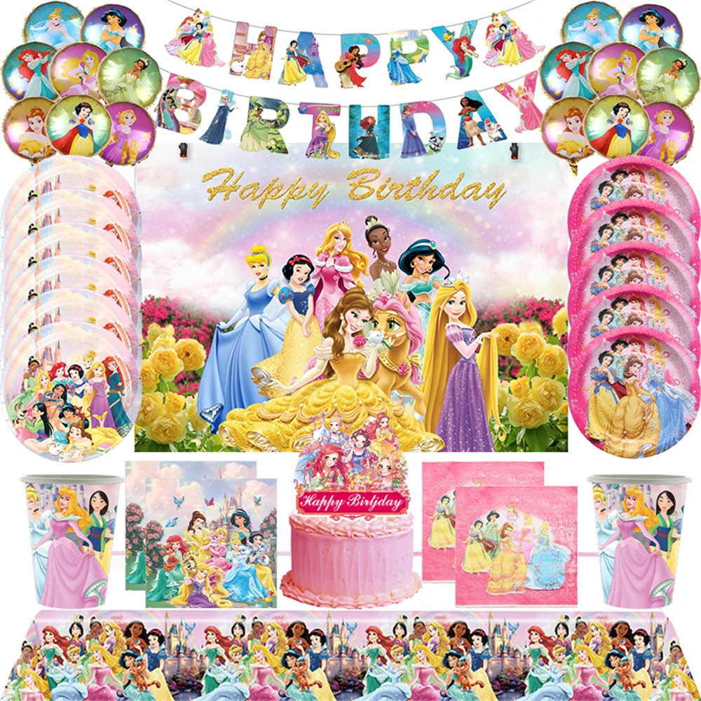 Disney Princess Birthday Party Decoration Belle Cenerentola Snow White Paper Plate Cup Tovagliolo Palloncini Forniture Baby Shower Girls