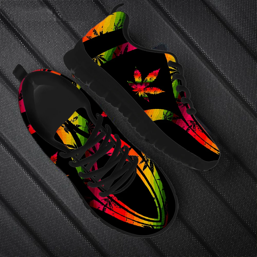 

Cute Gradient 3D Weed Leaves Print Flat Running Jogging Shoes for Women Lightweight Lace-up Walking Sneakers Breathable Footwear